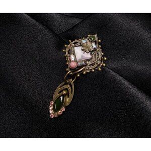 Rare Vintage Sorrelli Signed Brooch With Dangle Pendant Gold-Tone Rhinestones